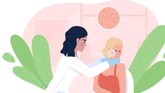 Illustrazione di un dermatologo che esamina una paziente con arrossamenti della pelle e prurito al viso per un trattamento mirato