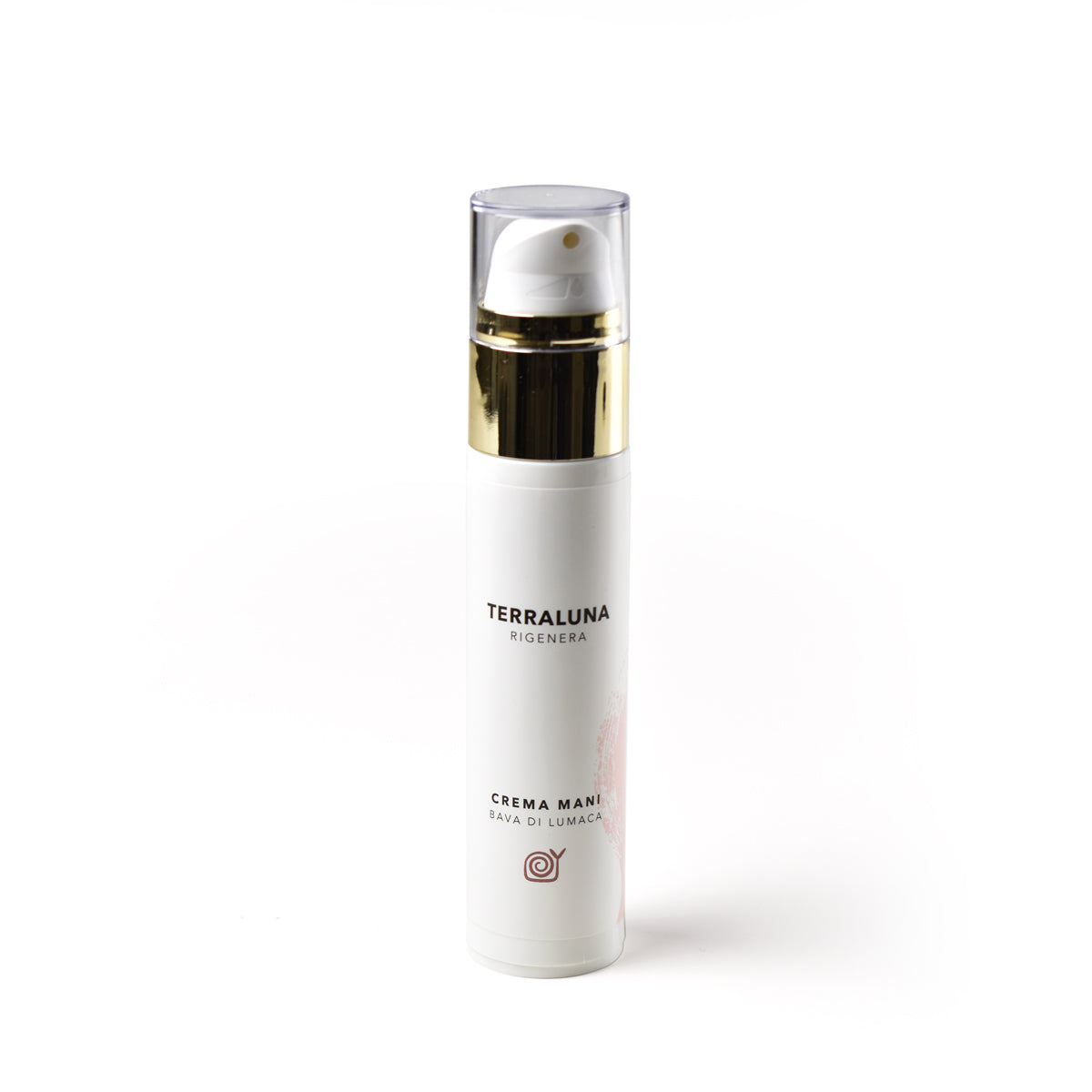 Flacone di Crema Mani alla bava di lumaca Terraluna Rigenera, in confezione elegante con dettagli dorati