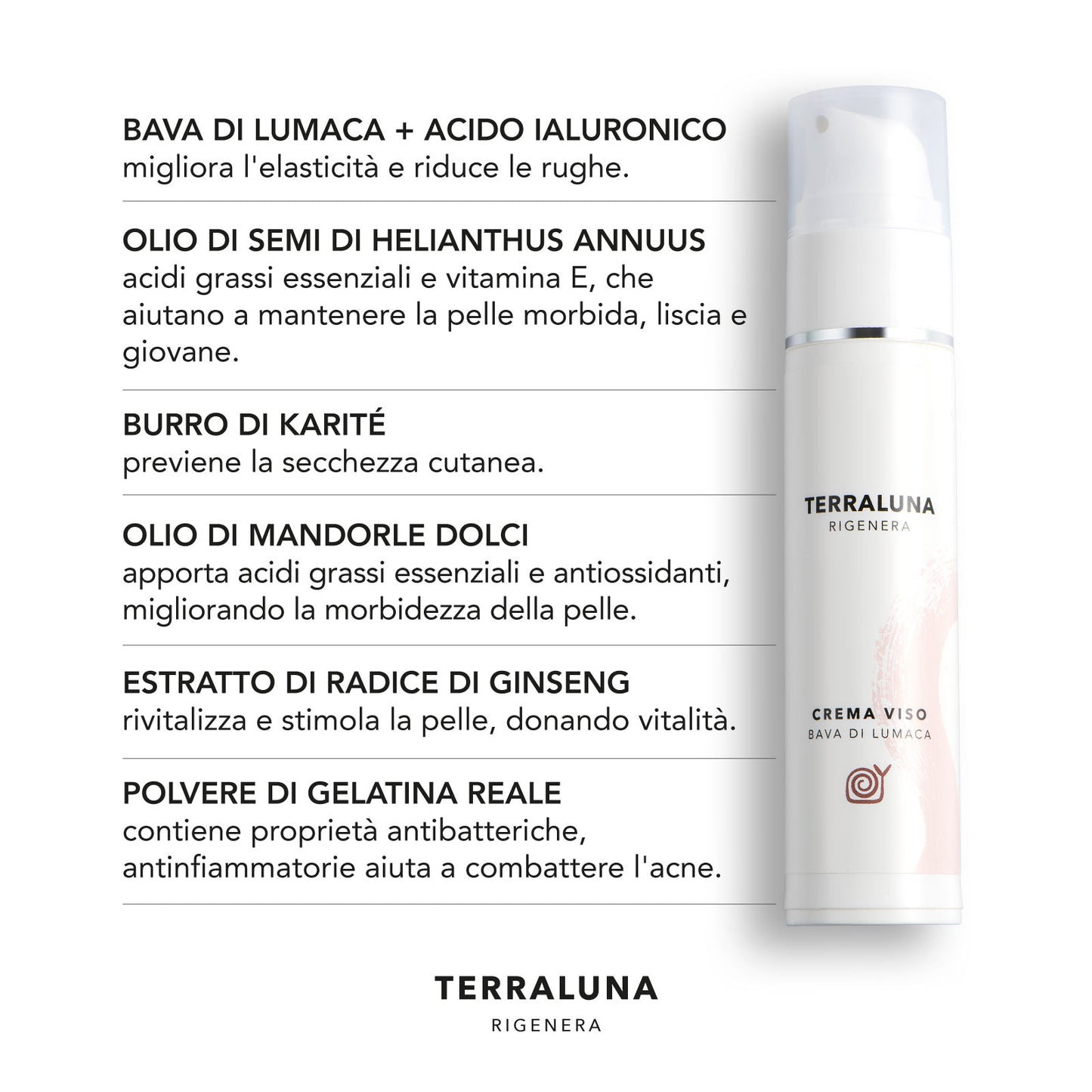 Ingredienti naturali della crema viso alla bava di lumaca Terraluna Rigenera