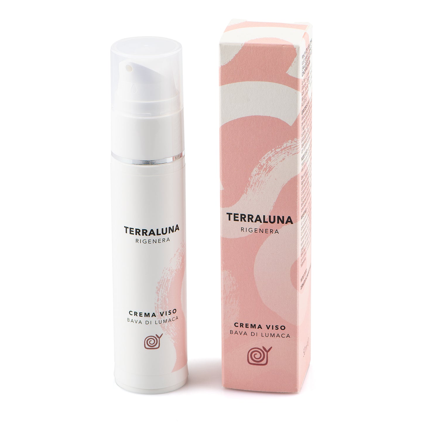 Flacone airless da 50ml e astuccio della crema viso alla bava di lumaca naturale, con proprietà anti-age, idratanti e rigeneranti