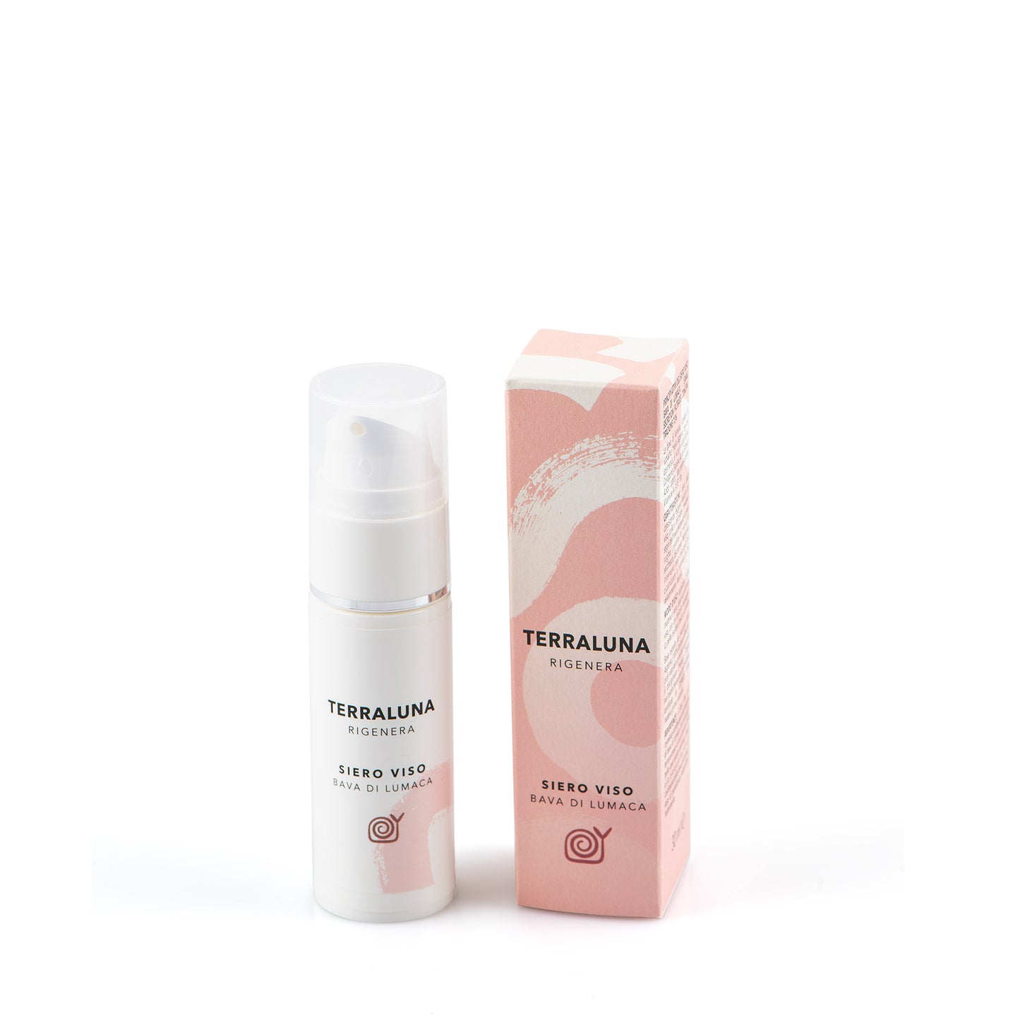 Flacone airless da 30ml e astuccio del siero viso alla bava di lumaca naturale, con proprietà anti-age e idratanti