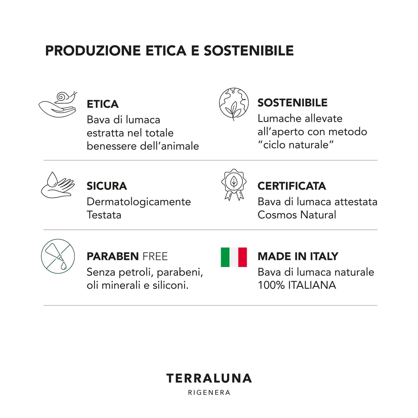 Valori del brand Terraluna: produzione etica del siero viso alla bava di lumaca, sostenibile, dermatologicamente testato, senza parabeni e made in Italy