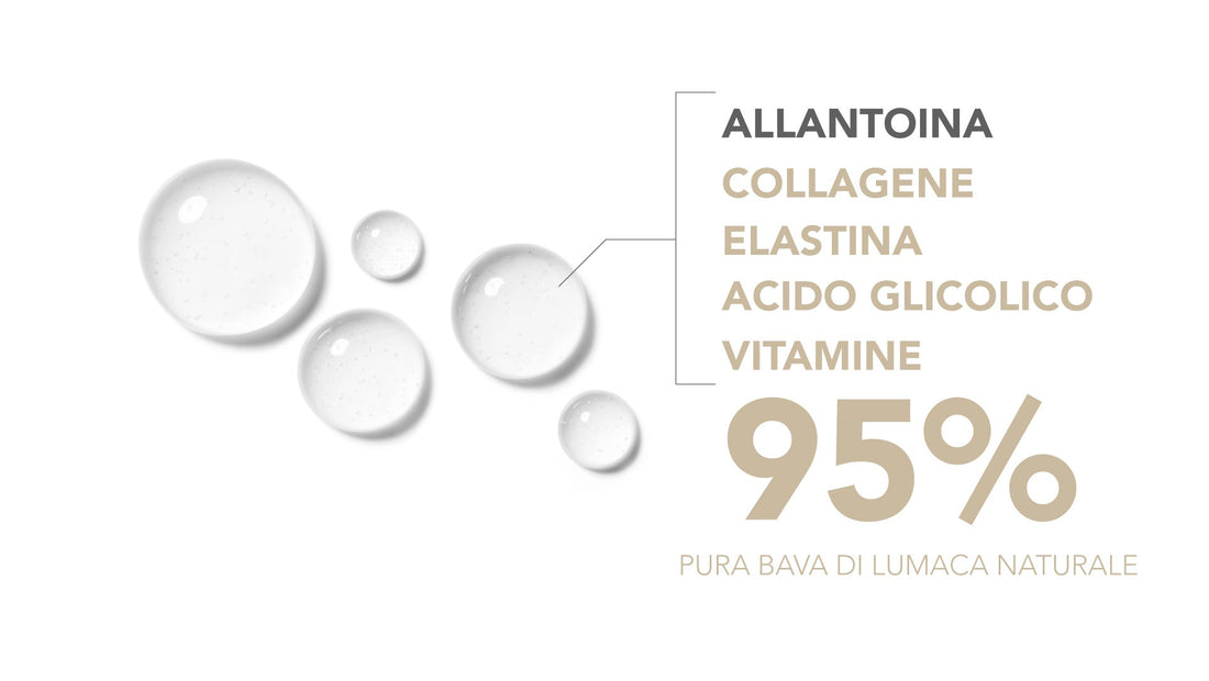 immagine con i principi attivi della bava di lumaca, tra cui allantoina, collagene, elastina, acido glicolico e vitamine, presenti nella bava di lumaca
