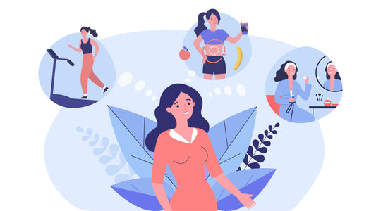 Illustrazione di una donna con attività quotidiane per il benessere: esercizio, alimentazione sana, skincare e riposo.