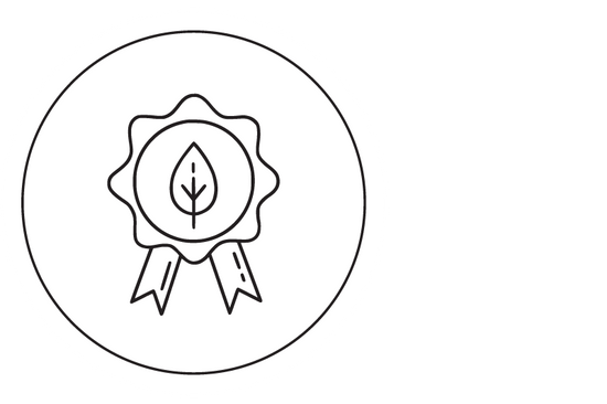 Simbolo di una foglia all'interno di una medaglia con nastro, rappresenta una certificazione ecologico.