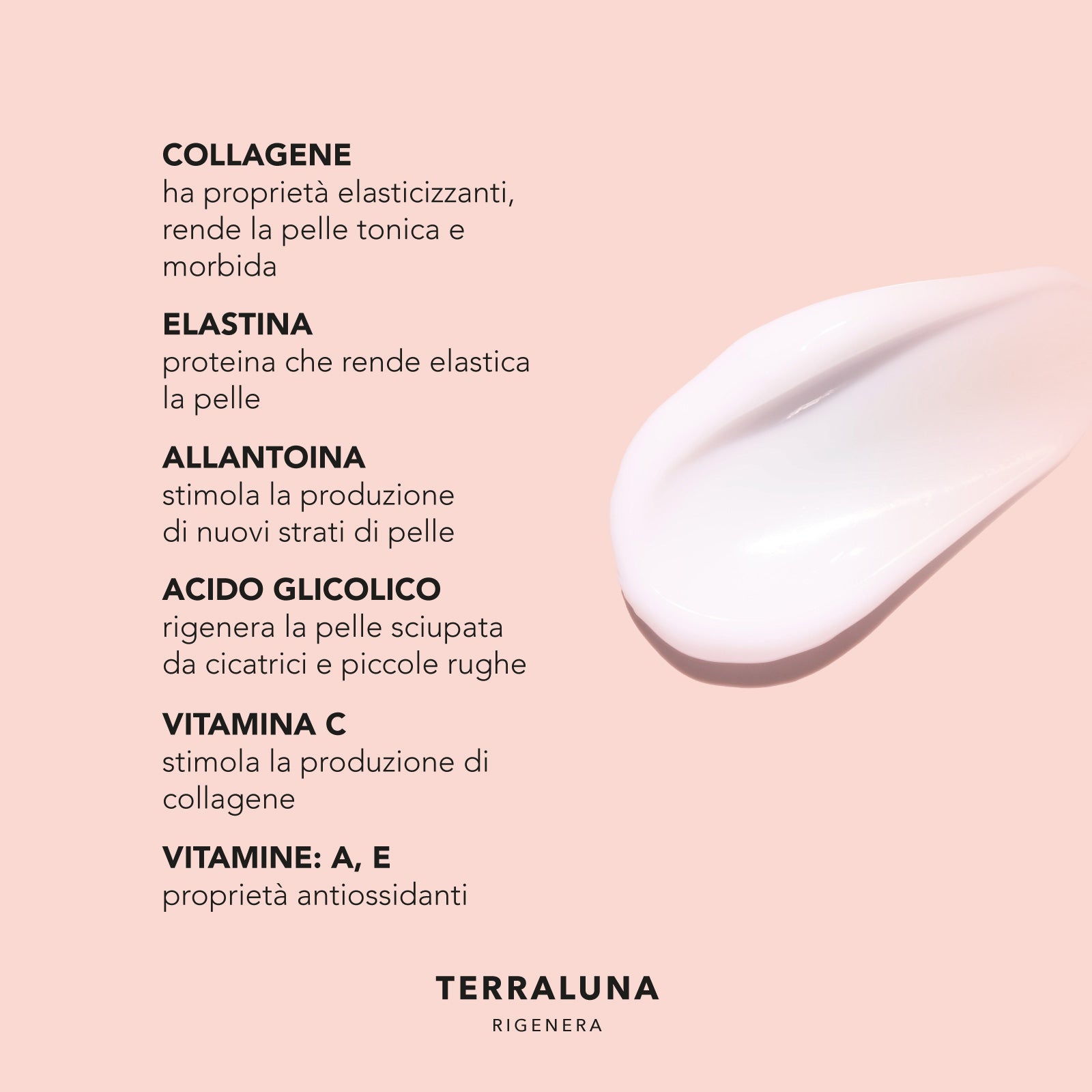 Crema  TERRALUNA con ingredienti attivi come collagene, elastina e vitamine per la rigenerazione della pelle