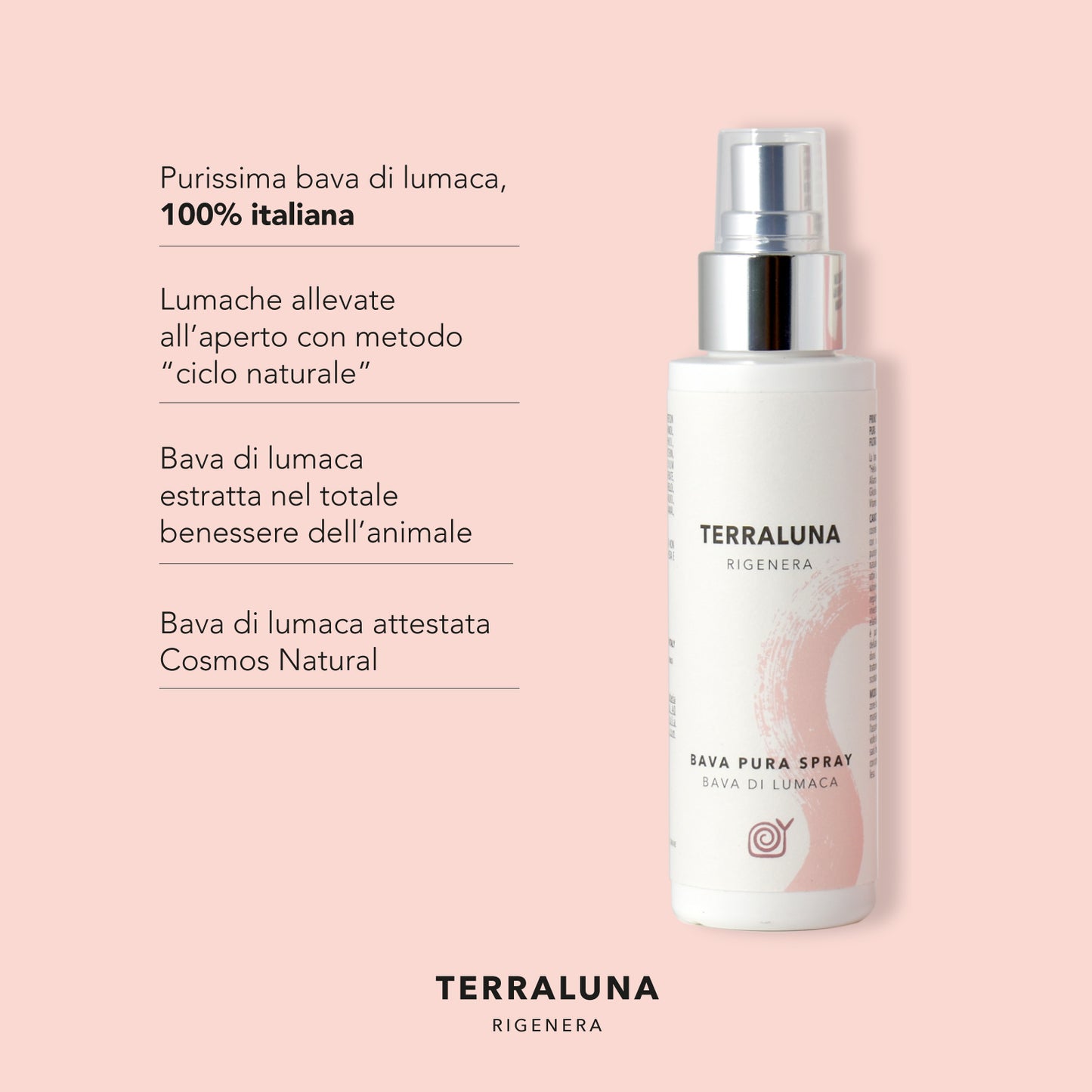 Bava di lumaca pura, etica e sostenibilità enfatizzate, 100% italiana. Flacone spray 100ml TERRALUNA